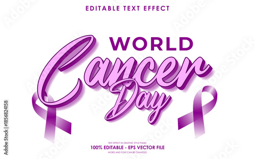 World Cancer Day text effect with purple ribbon.