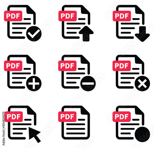 Collection of vector icons depicting various actions related to PDF file management