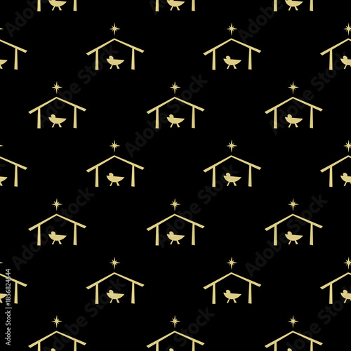 Baby Jesus and star of Bethlehem seamless pattern isolated on black background