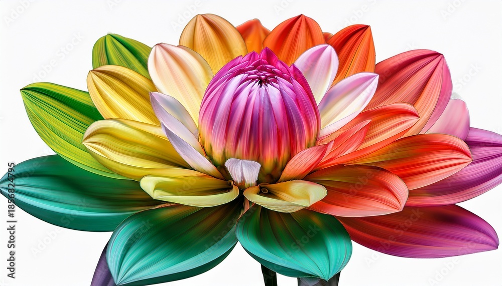 Naklejka premium Vibrant Eight Petal Flower Illustration With Layered Pink Green Orange And Yellow Colors On A Transparent Background