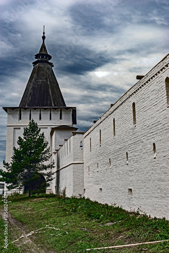 Monastery wall and tower. Nativity of the Virgin monastery, city of Borovsk, Russia