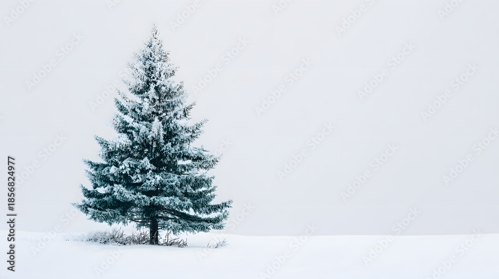 Fototapeta premium A Lone Evergreen Tree Standing Tall In Vast Snowy Field