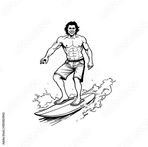 Dynamic silhouette of a surfer riding a wave with abstract, flowing lines representing water and motion.