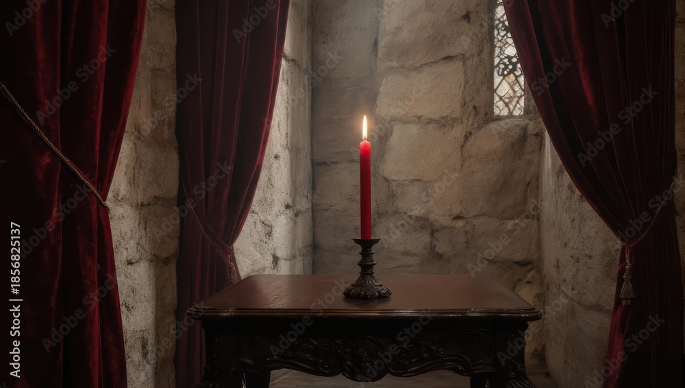 Fototapeta premium Candlelit Serenity - A Red Candles Warm Glow in a Stone Room.