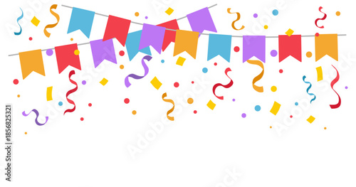 Bunting and confetti create a festive party atmosphere for anniversaries, holidays, and events, featuring birthday decorations, flag garlands and streamers, colorful ribbons