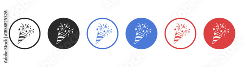 Party popper confetti streamer celebration birthday holiday New Year event fun festive explode fireworks, invitation decoration, vector illustration on transparent background