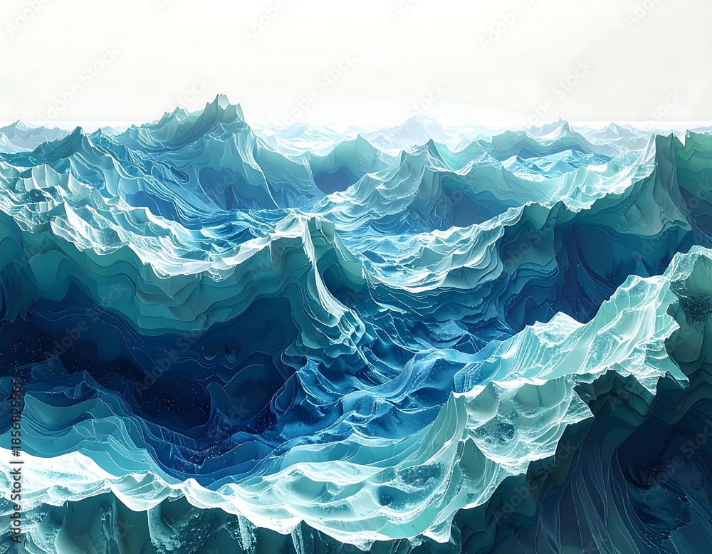 Obraz premium An abstract, stylized illustration depicts ocean waves. Shades of blue and turquoise create a textured, layered surface, evoking depth