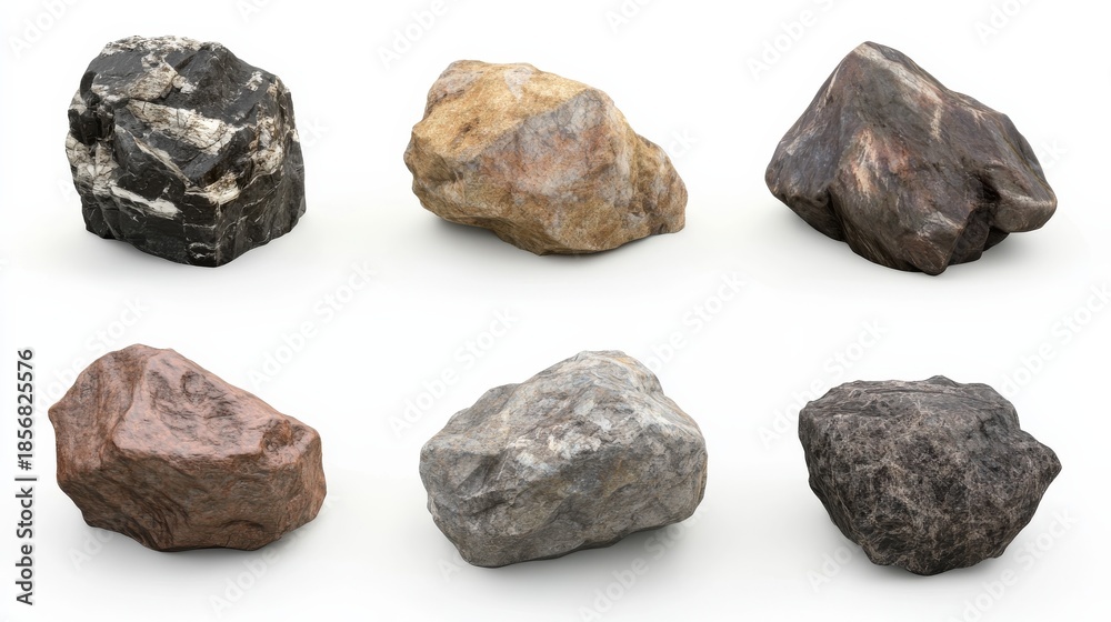 Obraz premium Collection of big rock stones isolated on white background featuring various textures and colors in realistic 3D render created for display and study purposes