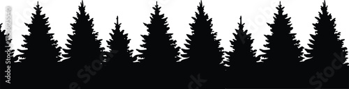 Seamless Silhouette Border of Numerous Pine Trees in Black and White on White Background forest nature