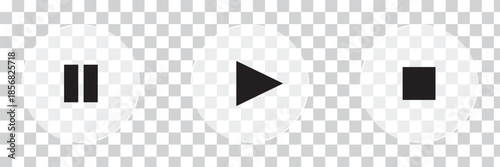 Sleek glass media player buttons with play, pause, and stop icons. Ideal for modern user interface design.