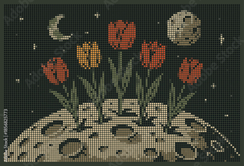 Surreal Tulips Growing on the Moon Halftone Digital Art