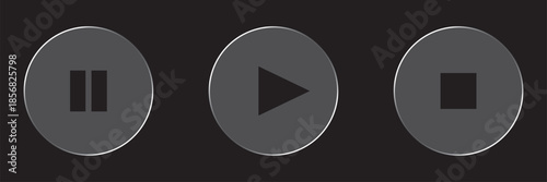 Sleek glass media player buttons with play, pause, and stop icons. Ideal for modern user interface design.