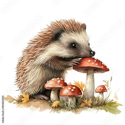 Hedgehog Sniffing, elegant watercolor illustration luminous highlights, isolated on a white background.