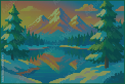 Vibrant Winter Mountain Lake Landscape Halftone Poster