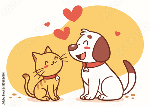 Cute cartoon dog and cat sitting together with hearts above them in love