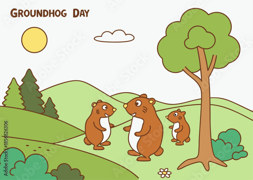 groundhog day cartoon illustration with three groundhogs standing on green hills