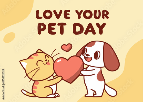 Cute cartoon cat and dog holding heart on love your pet day