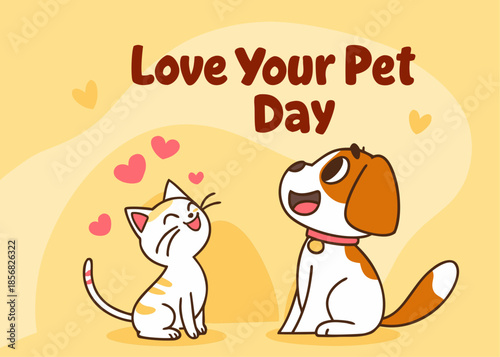 cartoon cat and dog on love your pet day with hearts around them