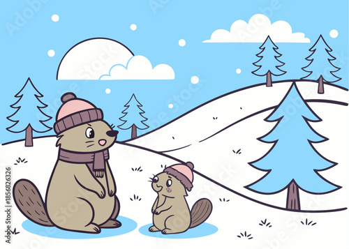 Two cartoon beavers wearing hats and scarf in snowy landscape with trees and blue sky