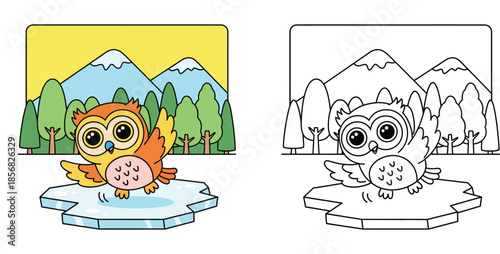 Cute owl sliding on ice with mountains background, vector cartoon illustration with black and white coloring book outline.