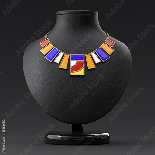 Foto An unusual bronze and enamel necklace on a leather stand in the shape of a bust