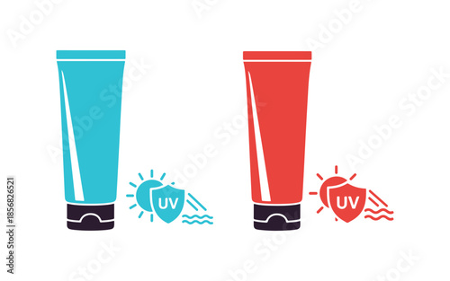 Brightly colored sunscreen cream tube icon on a white background. Protects your skin from the sun's ultraviolet rays. A set of colorful icons. Vector