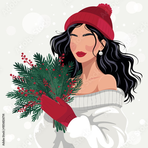 Minimalist winter fashion faceless woman holding an evergreen bouquet, red beanie and gloves, cozy Christmas mood on a clean snowy background—ideal for greeting cards, posters, invitations.