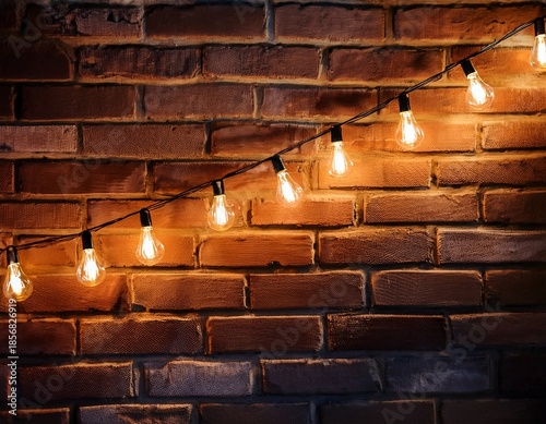 warm string lights with starburst bulbs against blurred brick wall