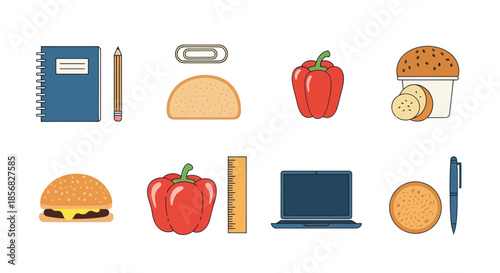 Collection of isolated icons notebook pencil food and technology elements