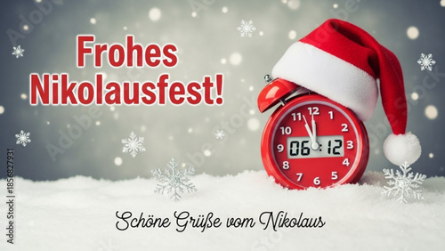A festive digital illustration of a red alarm clock wearing a santa hat on a snowy surface with snowfall and a gray background with the text frohes nikolauesfest and a holiday greeting