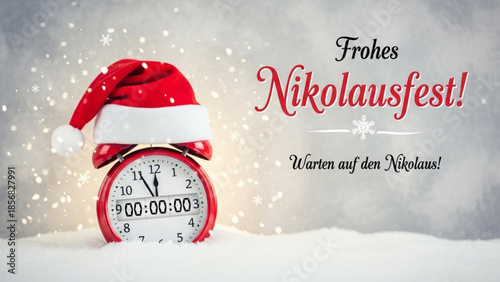 A festive holiday scene with a red alarm clock wearing a santa hat on a snowy surface with snowfall and a gray background with german text wishing a merry st nicholas day