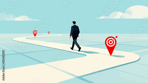 Businessman walking on path with targets