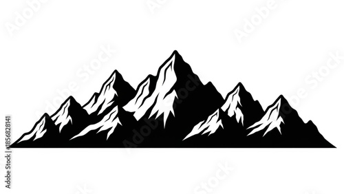 Black and white mountain range silhouette with snow capped peaks on isolated