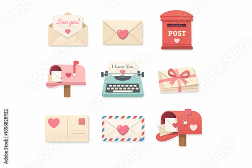 Icon Set of Romantic Letters, Envelopes, and Love Messages for Valentine’s Day