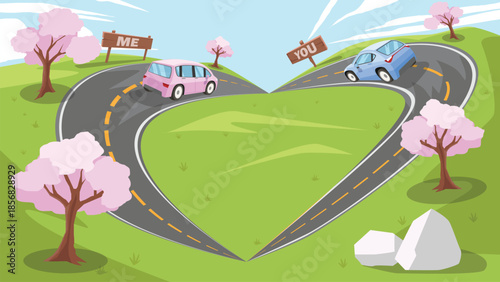 Romantic heart shaped asphalt road with two cars driving from ME and YOU signs to meet. Valentine journey concept with pink sakura trees. Background of blue sky and white clouds. Vector illustration.