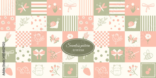 Spring delicate seamless pattern. Patchwork quilt, squares. Set of spring elements and funny characters. Vector design in pastel colors for fabric, wallpaper, wrapping paper, and more.