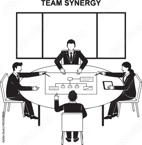 Team Synergy: In a boardroom setting, a team engages in collaborative strategic planning, represented by a graphic illustration symbolizing a united front.