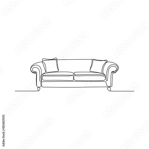Minimalist line drawing of a comfortable classic sofa with soft cushions