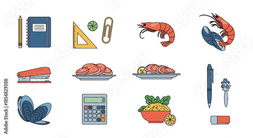 Collection of colorful vector illustrations of everyday objects and food