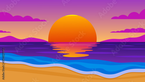 Beautiful Sunset Beach Illustration with Ocean and Colorful Sky