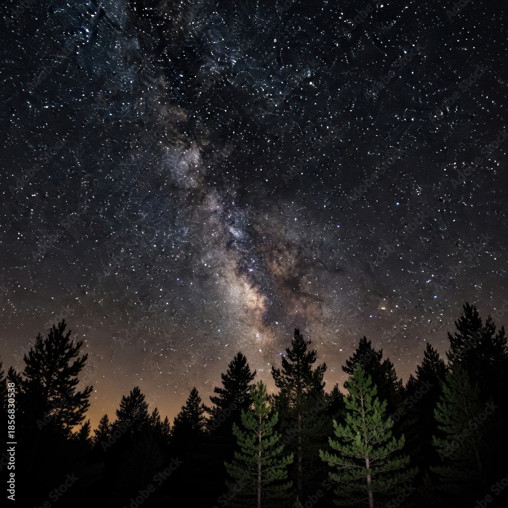 Naklejka premium Stunning Milky Way Galaxy Arching Over a Dark Forest at Night.