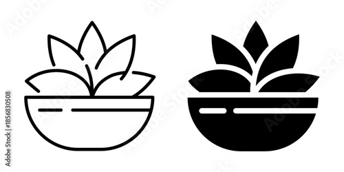 Healthy salad bowl icon with leaves. Silhouette and line style.