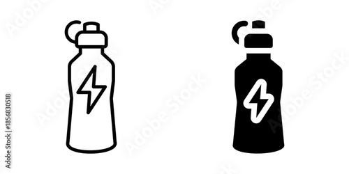 Energy drink bottle icon with lightning bolt. Silhouette and line style.