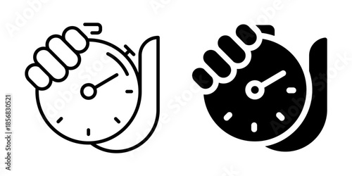 Hand holding stopwatch icon for timing. Silhouette and line style.