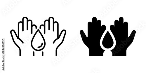 Handwashing hygiene icon with water drop. Silhouette and line style.