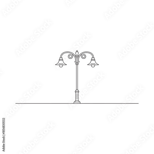 Elegant black and white line drawing of a vintage double street lamp post