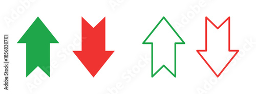 Up and down arrow icon set with green and red colors, flat vector illustration showing increase and decrease direction symbols for finance, analytics, user interface, indicators and trend concept