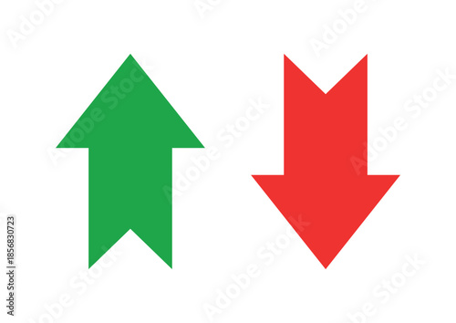 Up and down arrow icon set with green and red colors, flat vector illustration showing increase and decrease direction symbols for finance, analytics, user interface, indicators and trend concept