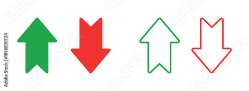 Up and down arrow icon set with green and red colors, flat vector illustration showing increase and decrease direction symbols for finance, analytics, user interface, indicators and trend concept