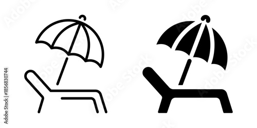 Beach chair and umbrella Icon for vacation. Linear and silhouette style.